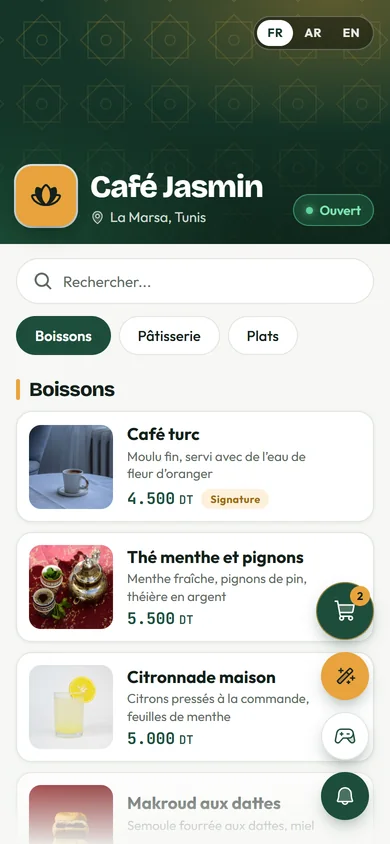 Le menu d'un café sur un téléphone, avec catégories, prix et photos.
