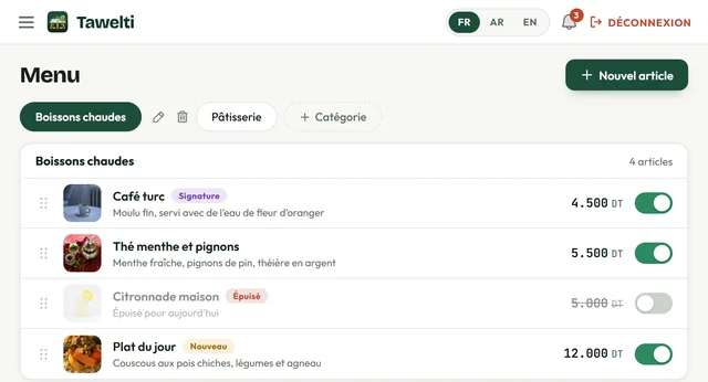 Le tableau de bord : la carte d'un café avec ses prix et un interrupteur par plat.